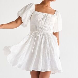 Francesca’s Kay Off Shoulder Embroidered Mini Dress in White